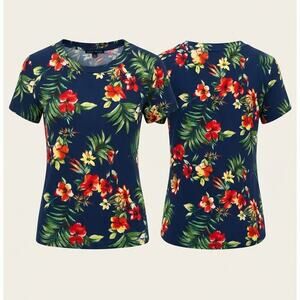 Haute Monde Small Navy Hawaiian Floral Style Top Shirt